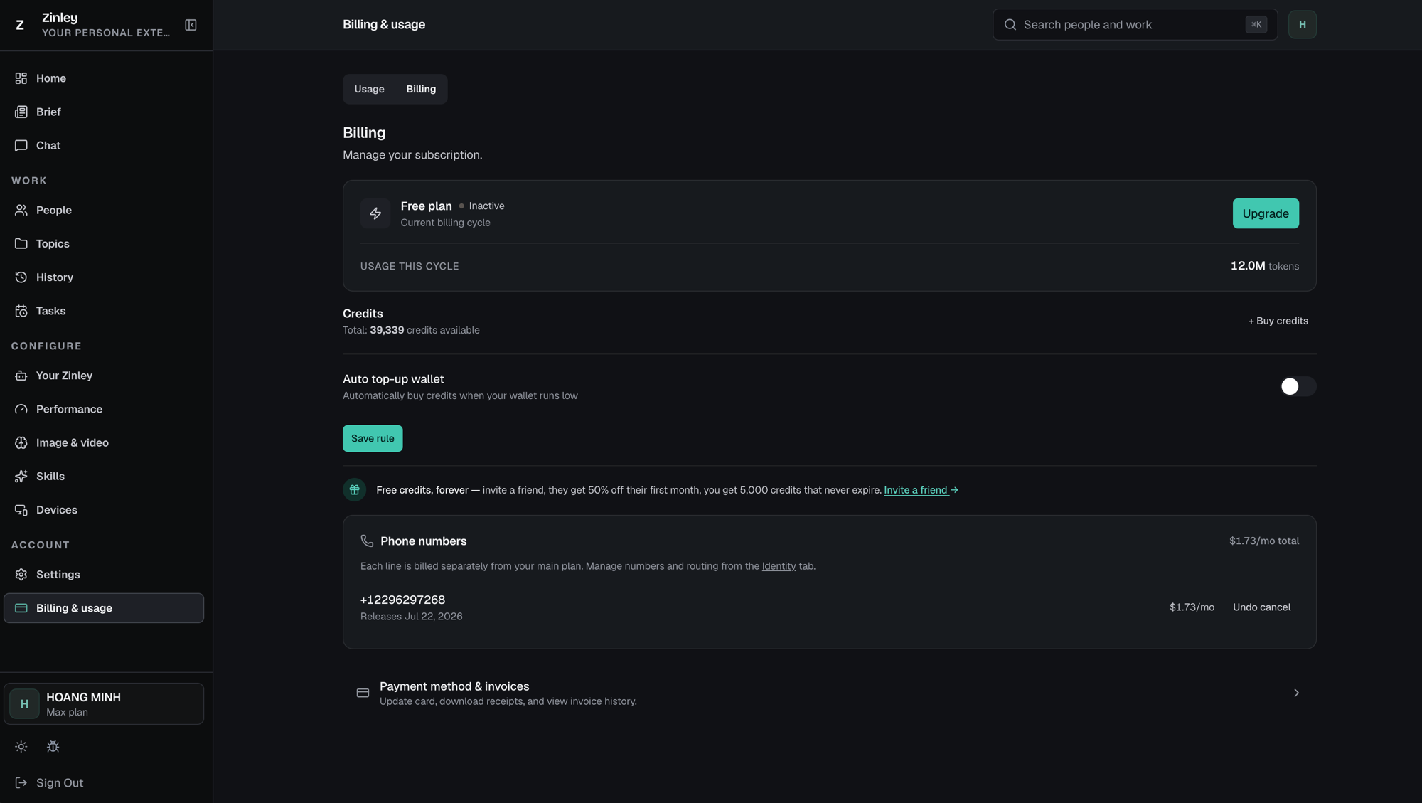 The Billing tab: plan status and cycle usage, credits with Buy credits, an auto-top-up toggle, an invite banner, phone numbers, and payment method.