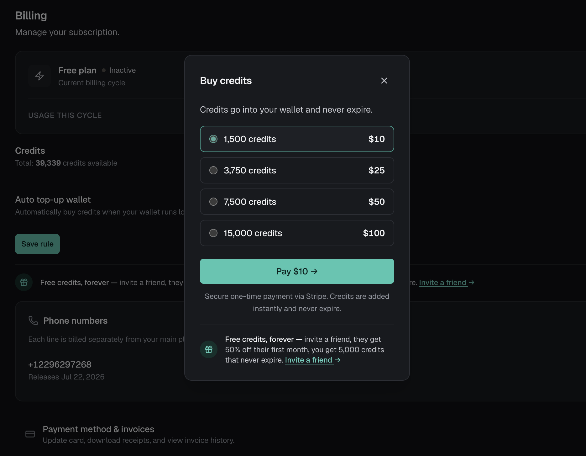 The Buy credits dialog with four credit packs and a Pay button.