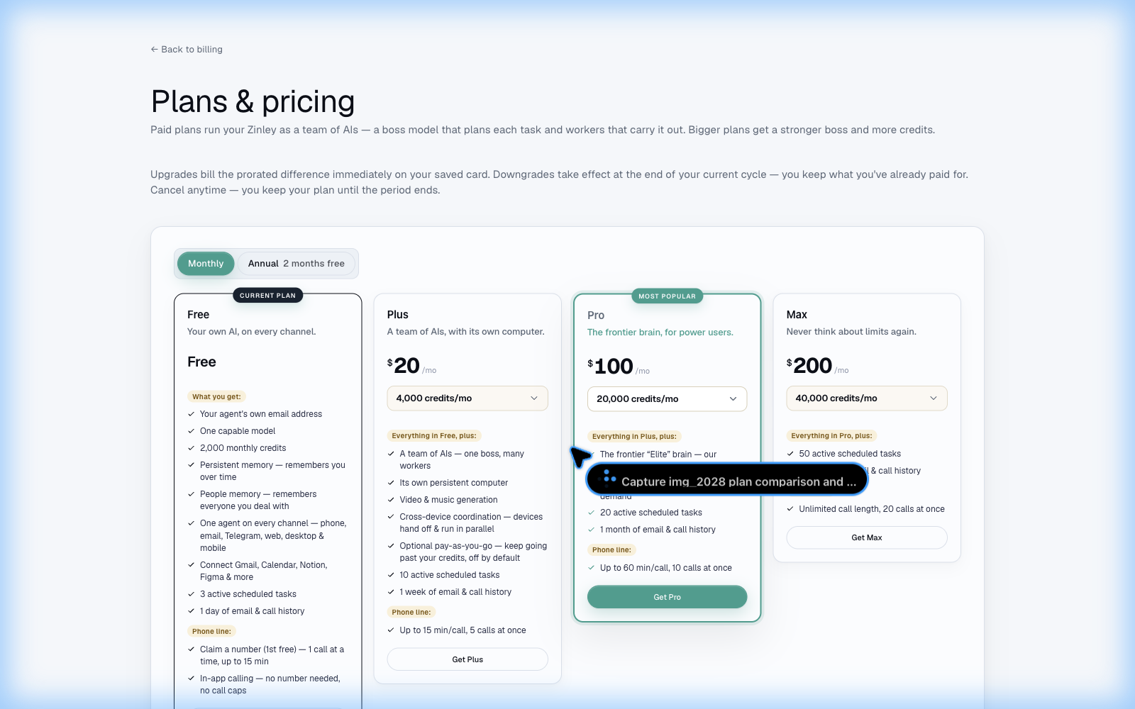 The in-app plan comparison: Free, Plus, Pro and Max side by side with their credits, models, and limits.