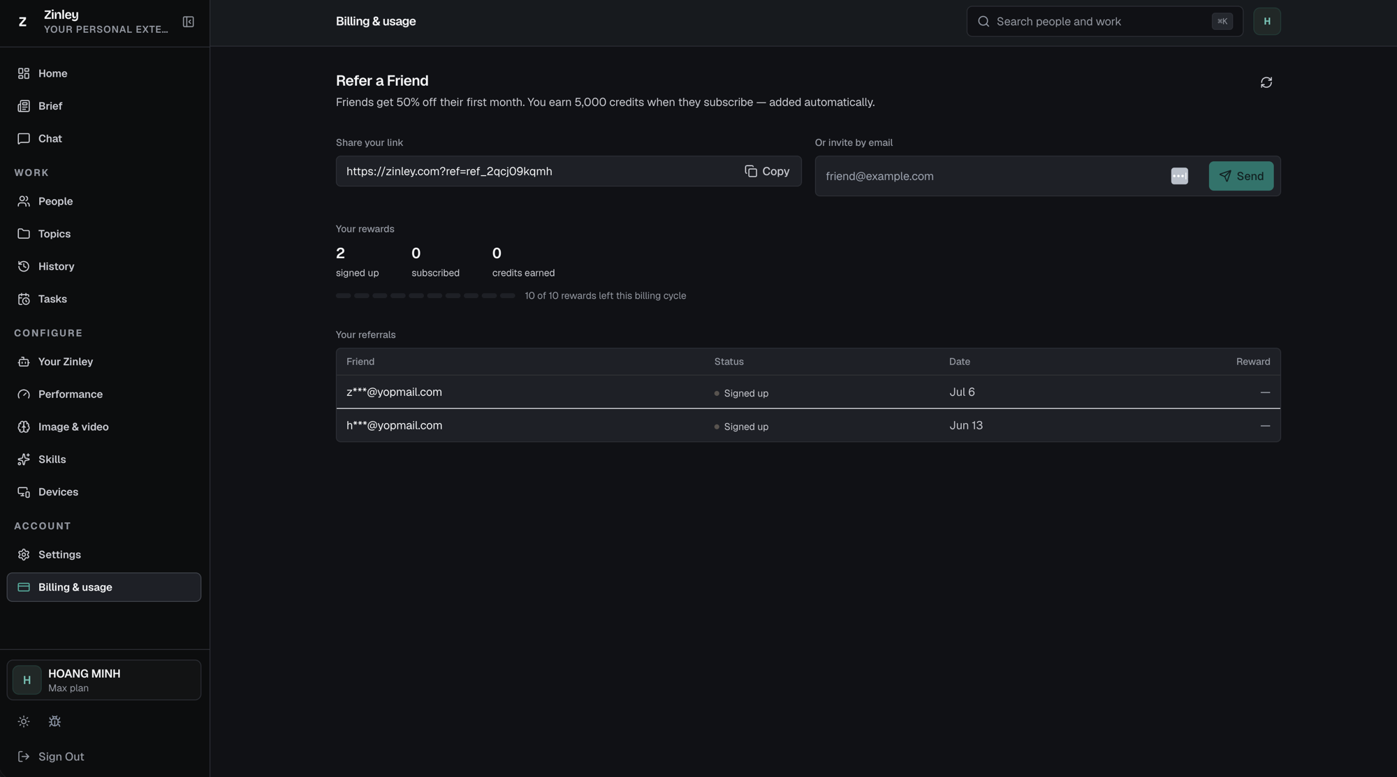 The Refer a Friend page: a share link with Copy, an invite-by-email box, a rewards summary, and a table of referrals.