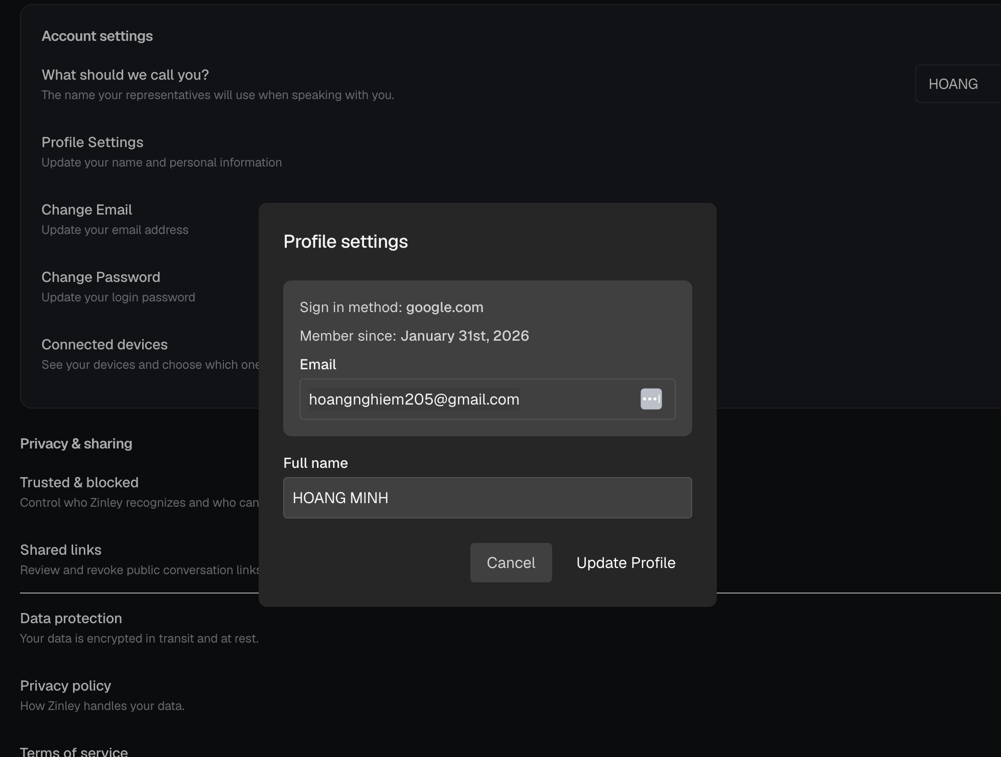 The Profile settings dialog showing sign-in method, member-since date, the account email with a menu button, and an editable full-name field with Cancel and Update Profile.