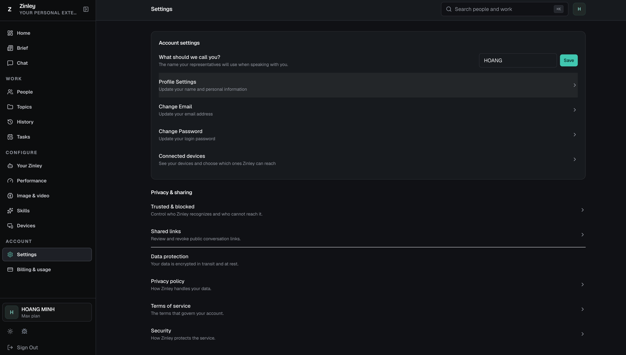 The Settings screen: an Account settings card on top, and a Privacy & sharing list below it.