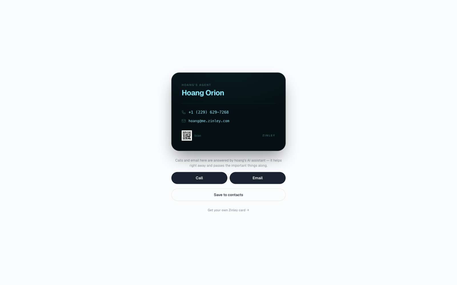 The public agent card page: avatar, name, tagline, bio, a QR code, and buttons to call or email the agent.