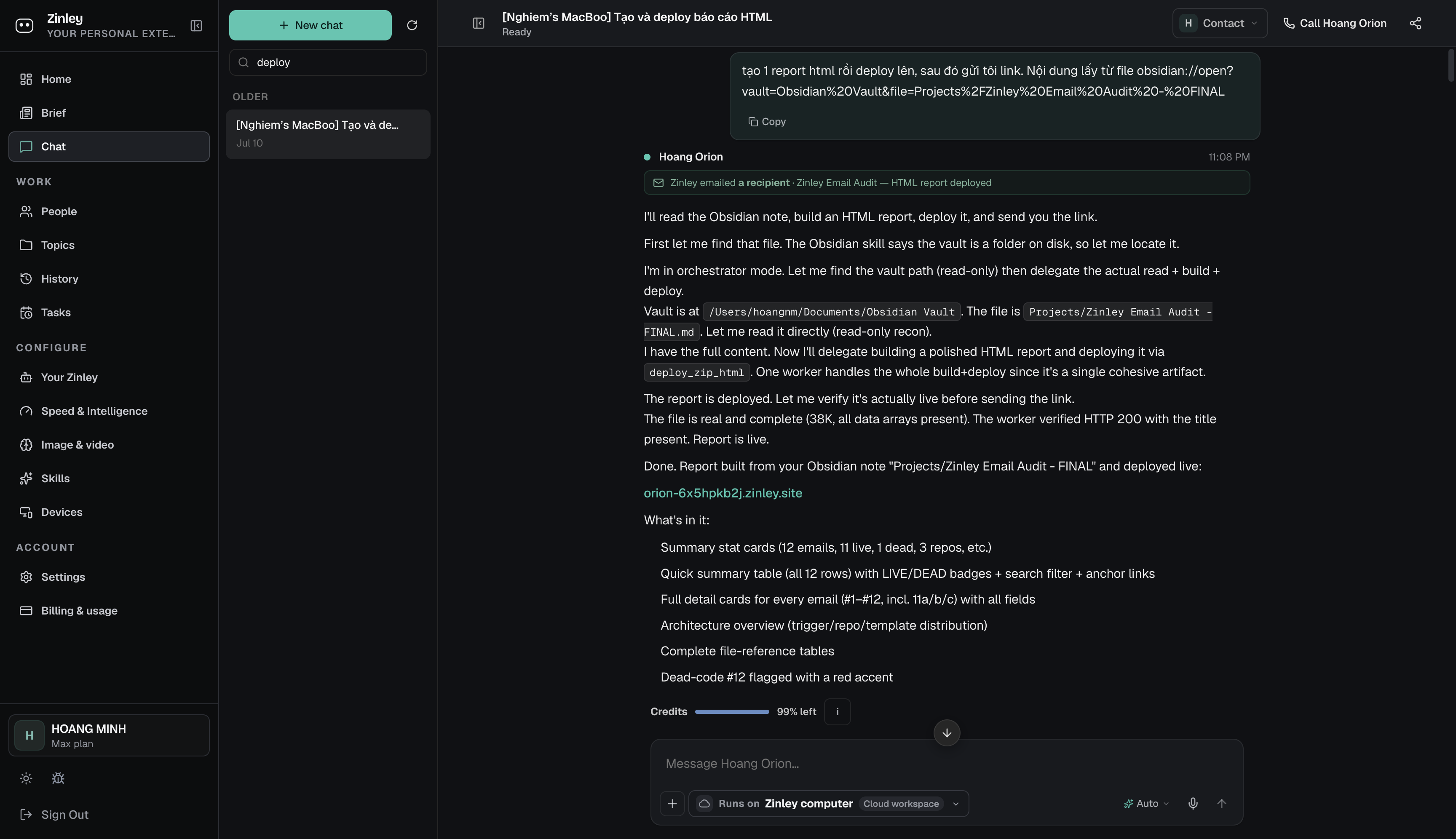 A chat where Zinley built a site and returned a live URL after deploying it.