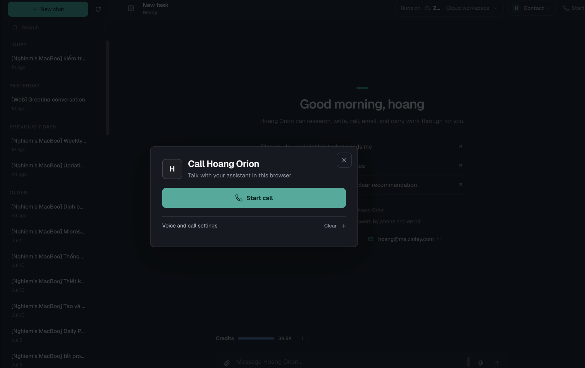 The Call dialog with a Start call button and a Voice and call settings link.
