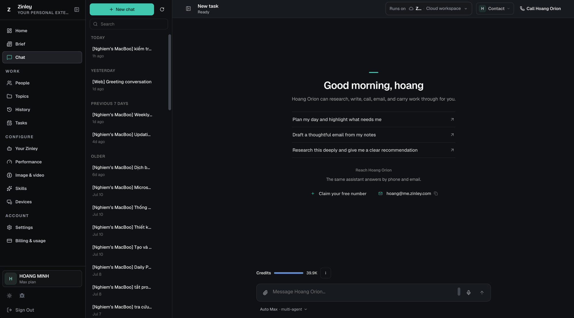 The Zinley Chat screen: conversation history on the left, header controls up top, the greeting and suggestions in the middle, and the message box with credits and model selector below.