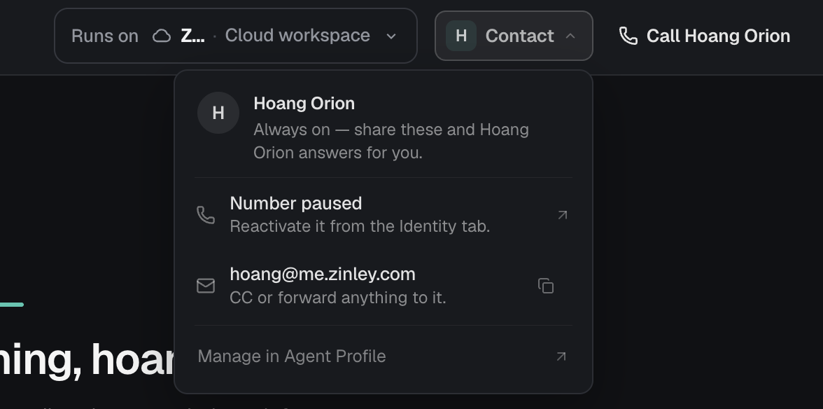 The Contact panel showing the agent, its phone number status, email address, and a Manage in Agent Profile link.