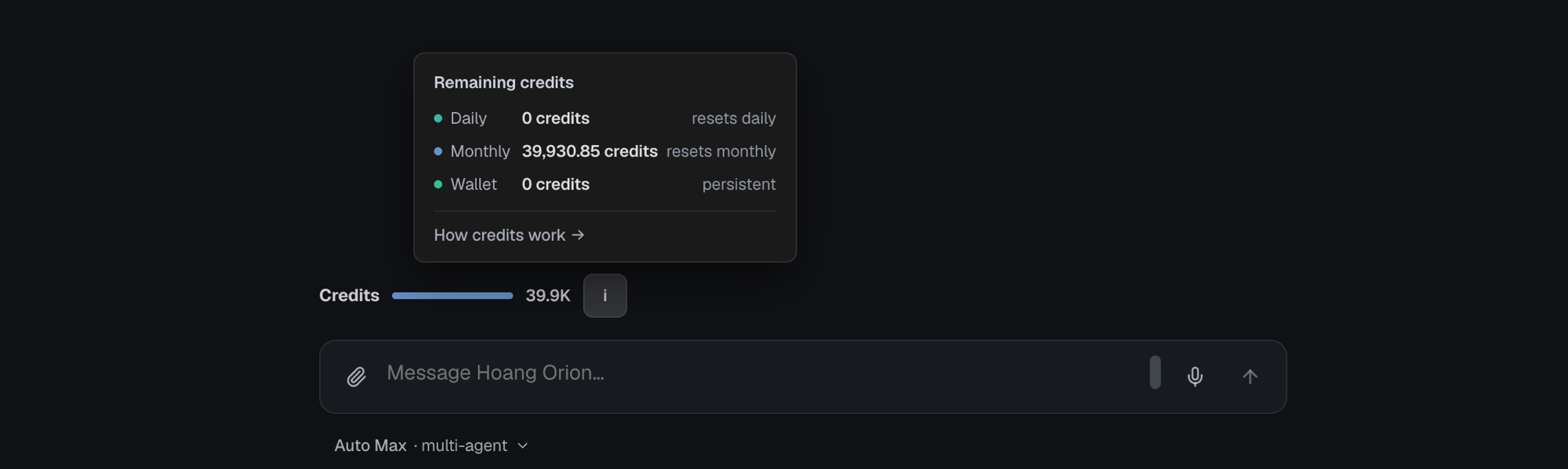 The Remaining credits popover showing Daily, Monthly, and Wallet balances.