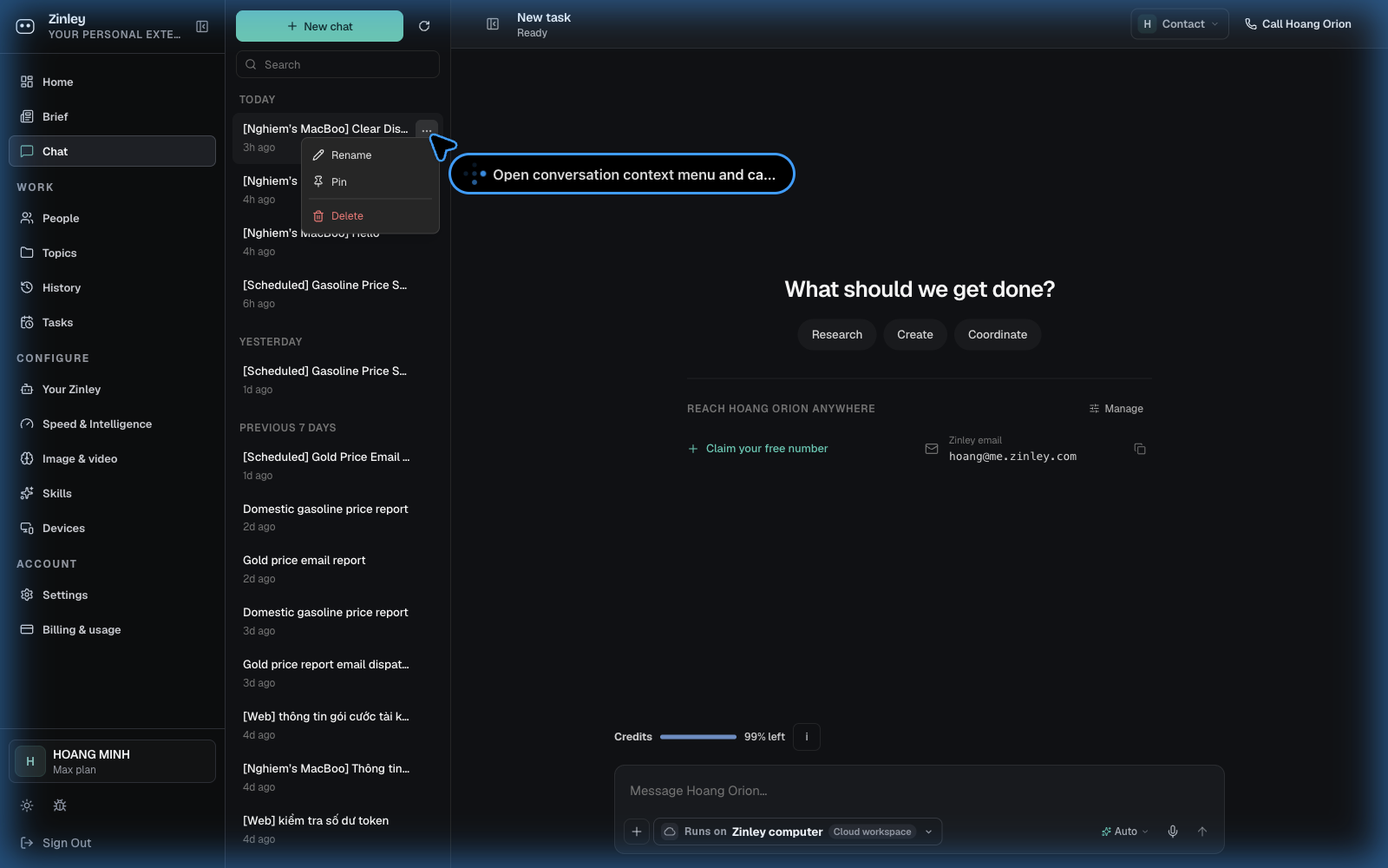 The conversation list with a context menu open showing rename, pin, and delete options, and a pinned conversation at the top.