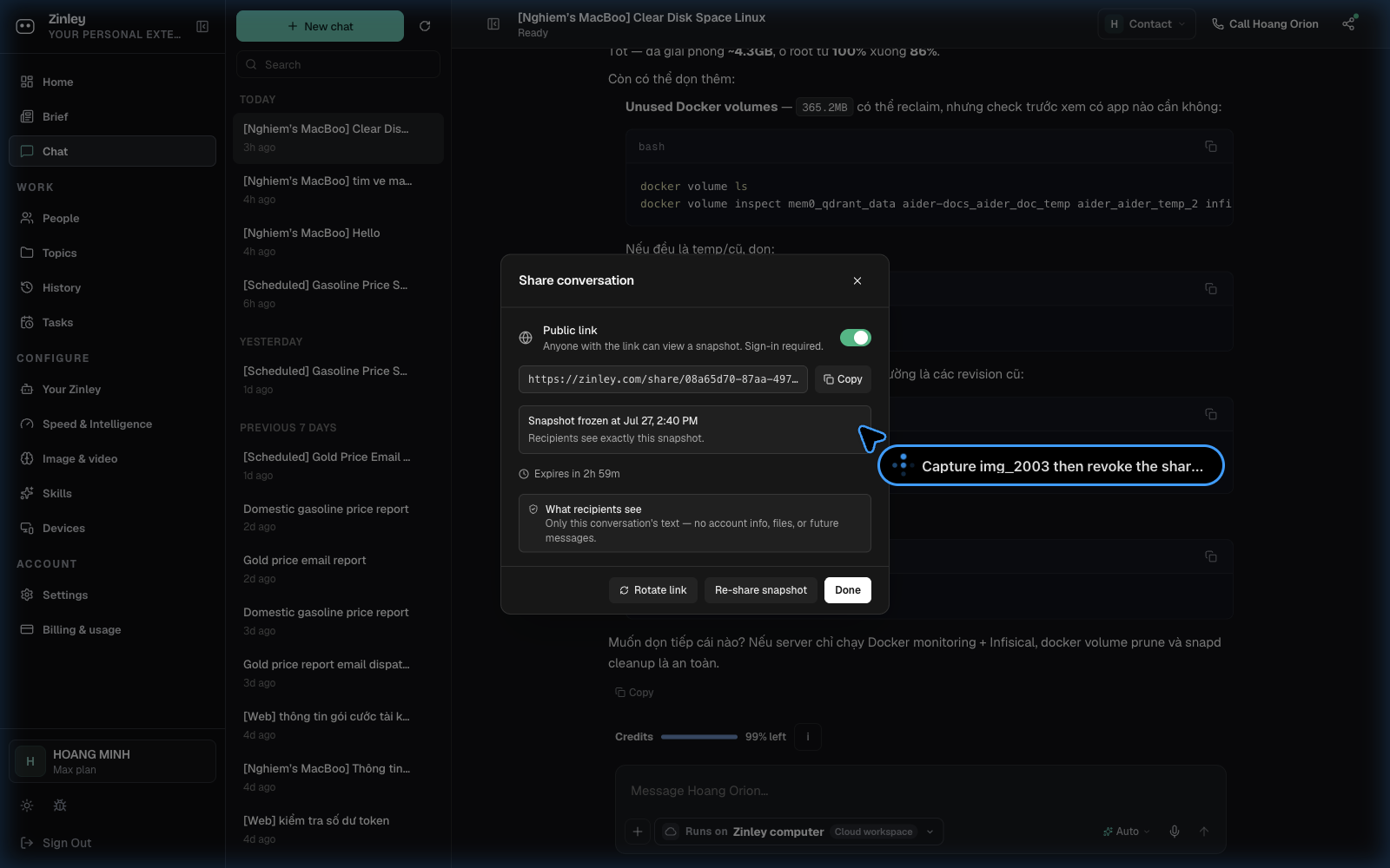 The Share dialog for a conversation showing the public link with copy, rotate, and revoke controls.