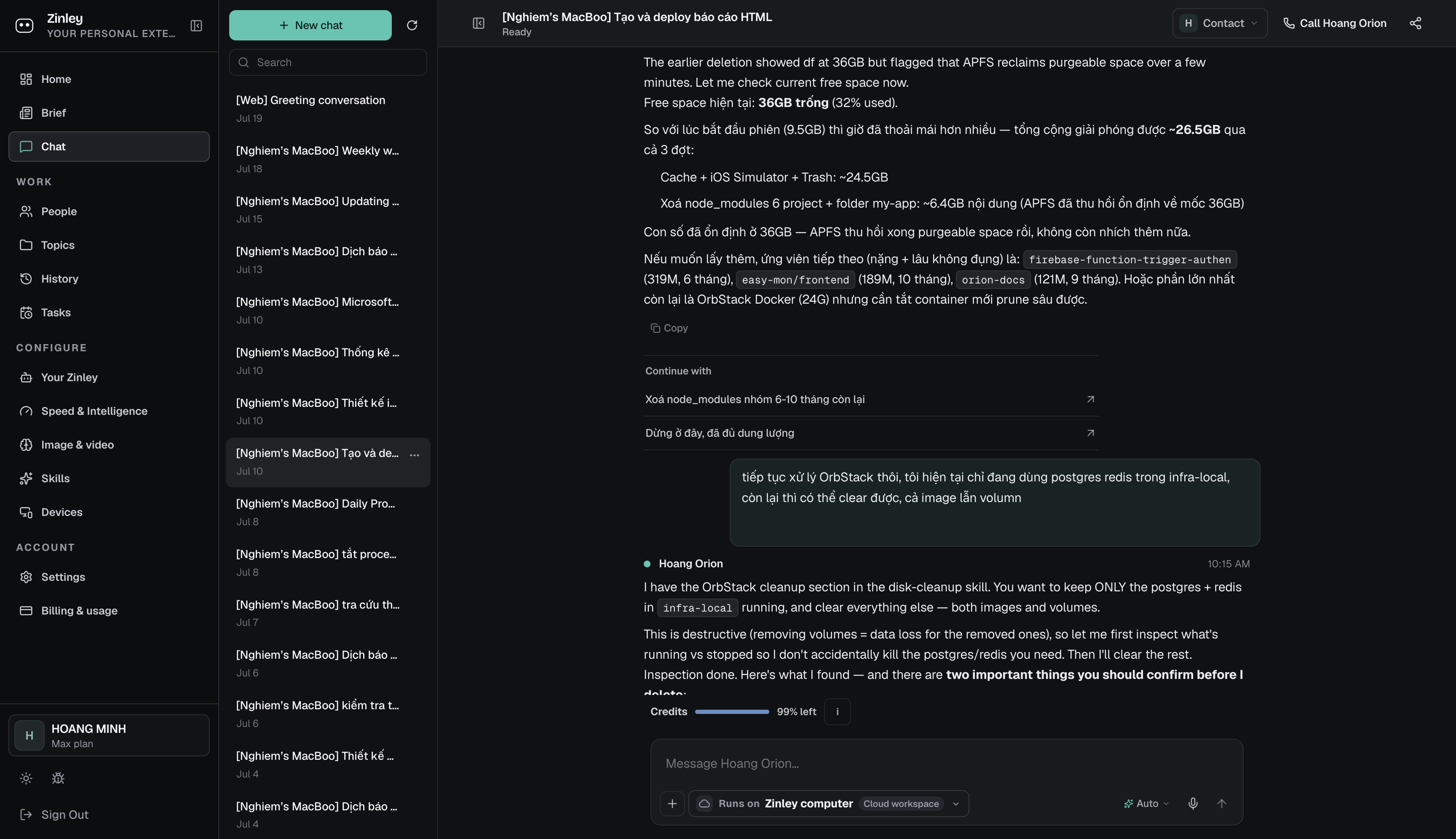 A chat where the user says to run a task on a named machine and Zinley executes it on that device.
