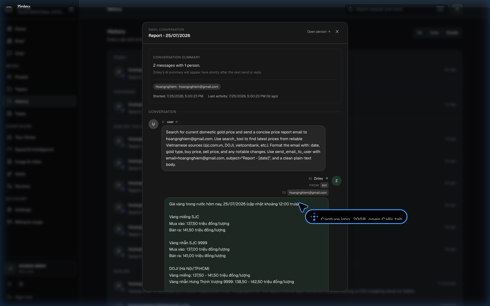 A single thread opened: the sent transcript plus the AI one-line summary, action items, and open threads.