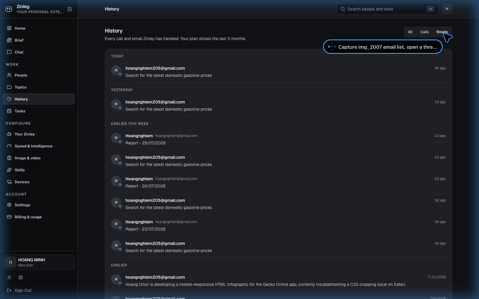 The Emails tracker: a list of threads Zinley took part in, each with subject, participants, status, and last activity.