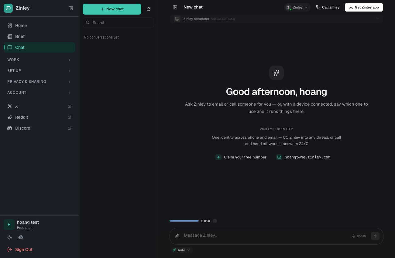The Chat screen, ready for your first message to Zinley.