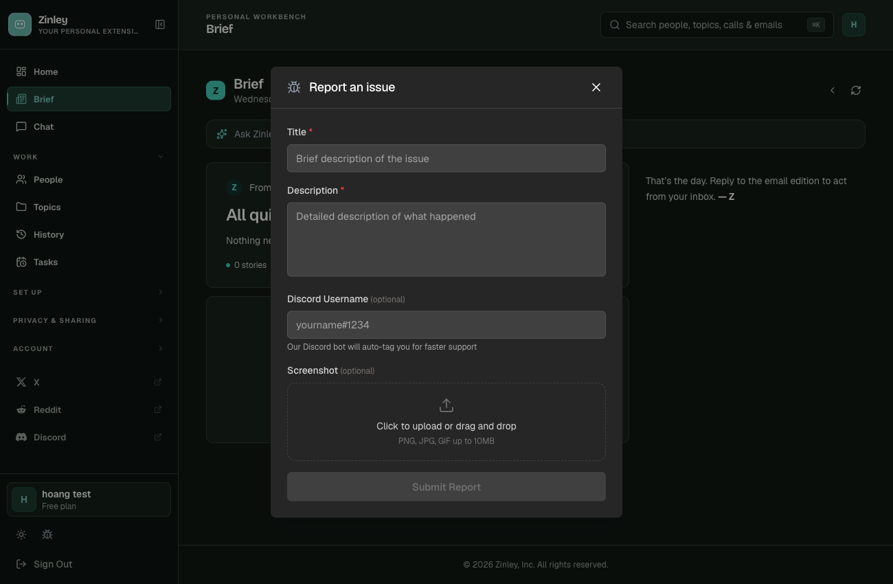The 'Report an issue' dialog with Title, Description, Discord username, and Screenshot fields.