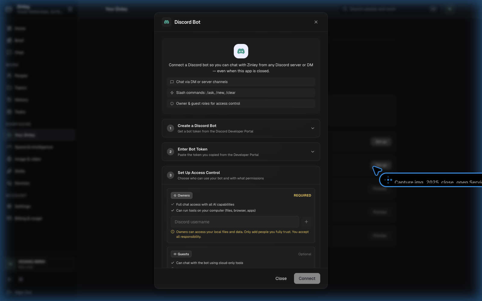 The Discord connection dialog showing the bot-token field and the Interactions Endpoint URL to paste into the Discord Developer Portal.