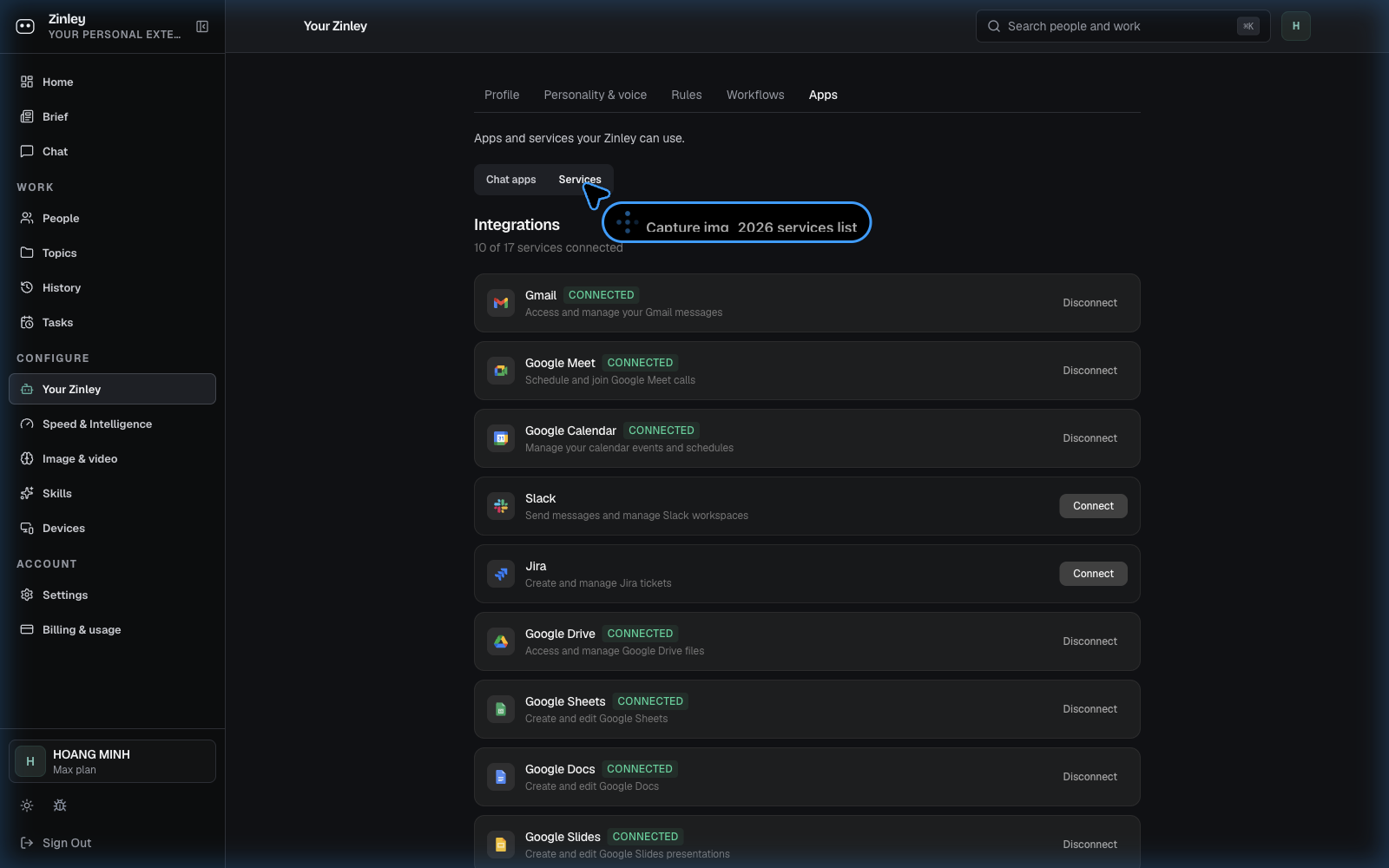 The connected services list: Google services connected, each showing which tools the connection unlocks.