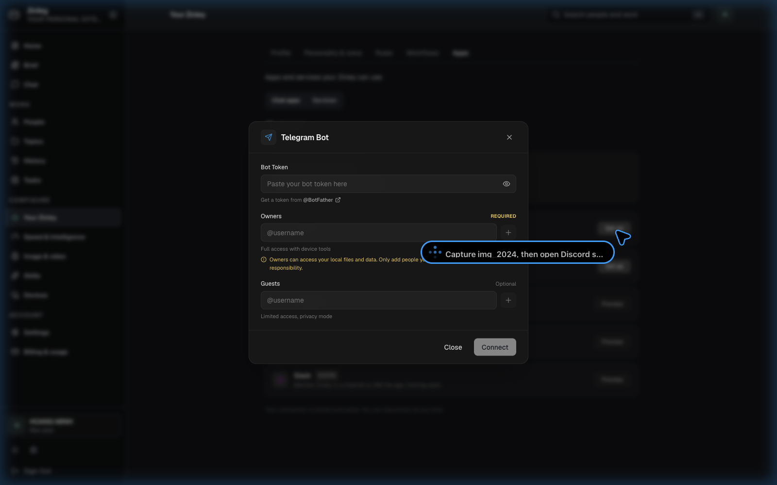 The Telegram connection dialog: the bot-token field, owner and guest username lists, and the group-chat toggle.