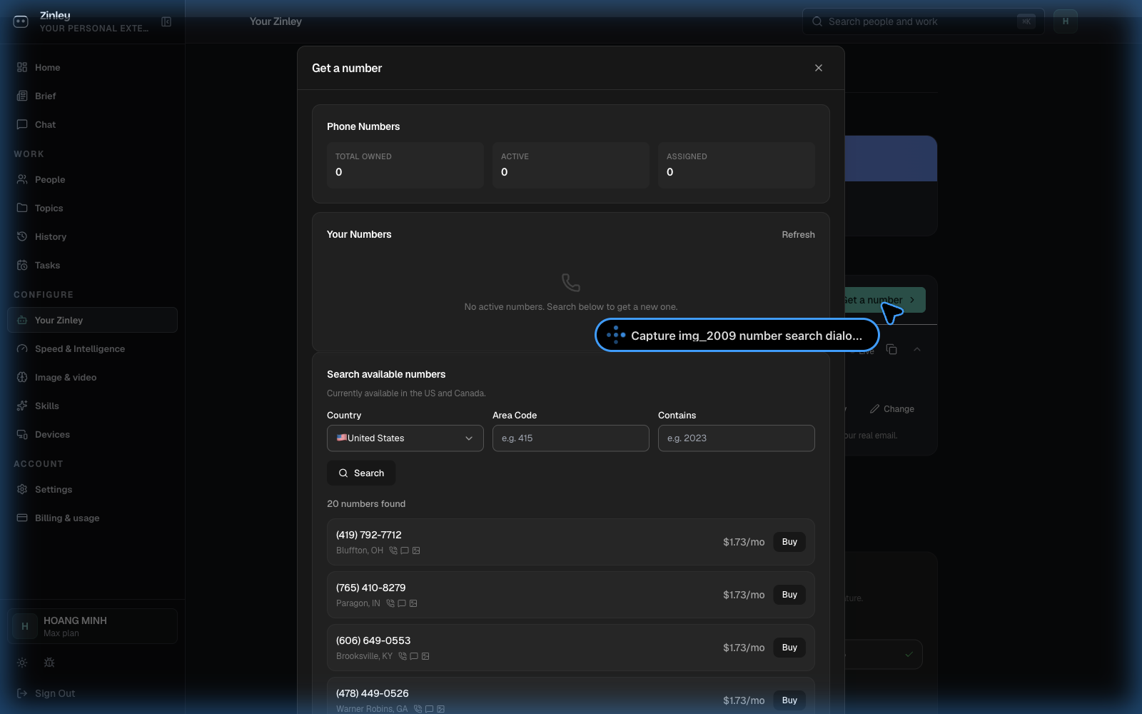 The Get a number dialog: a country dropdown with United States and Canada, area-code and contains filters, and a list of available numbers with monthly prices.