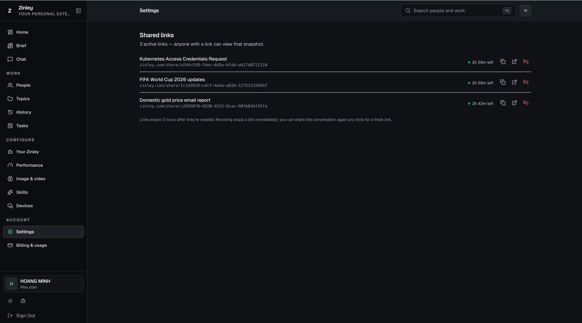 The Shared links page listing active share links, each with its URL, time left, and copy, open, and revoke buttons.