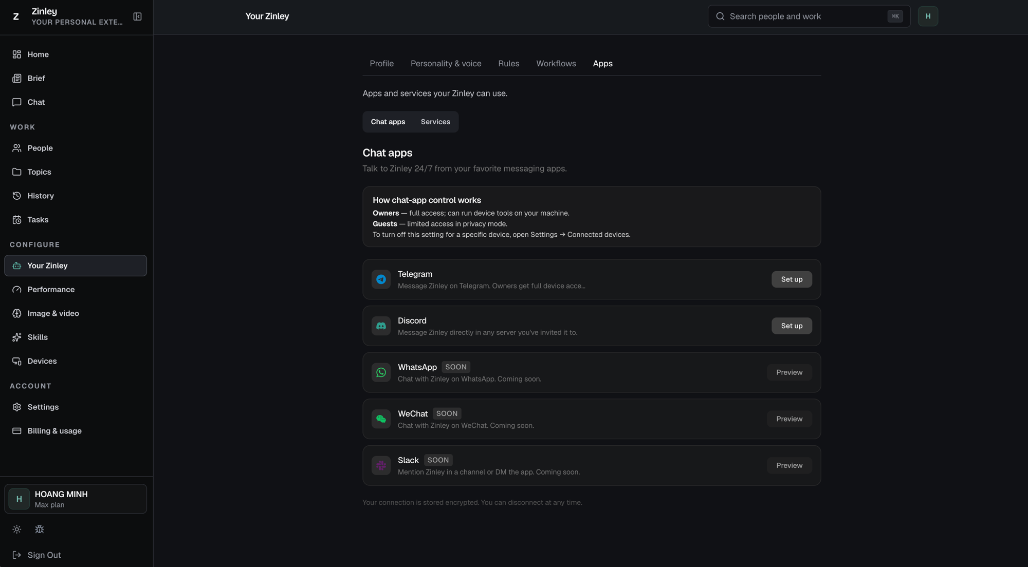 The Apps tab, Chat apps sub-tab: Telegram and Discord with Set up buttons, and WhatsApp, WeChat, and Slack marked Soon with Preview buttons.