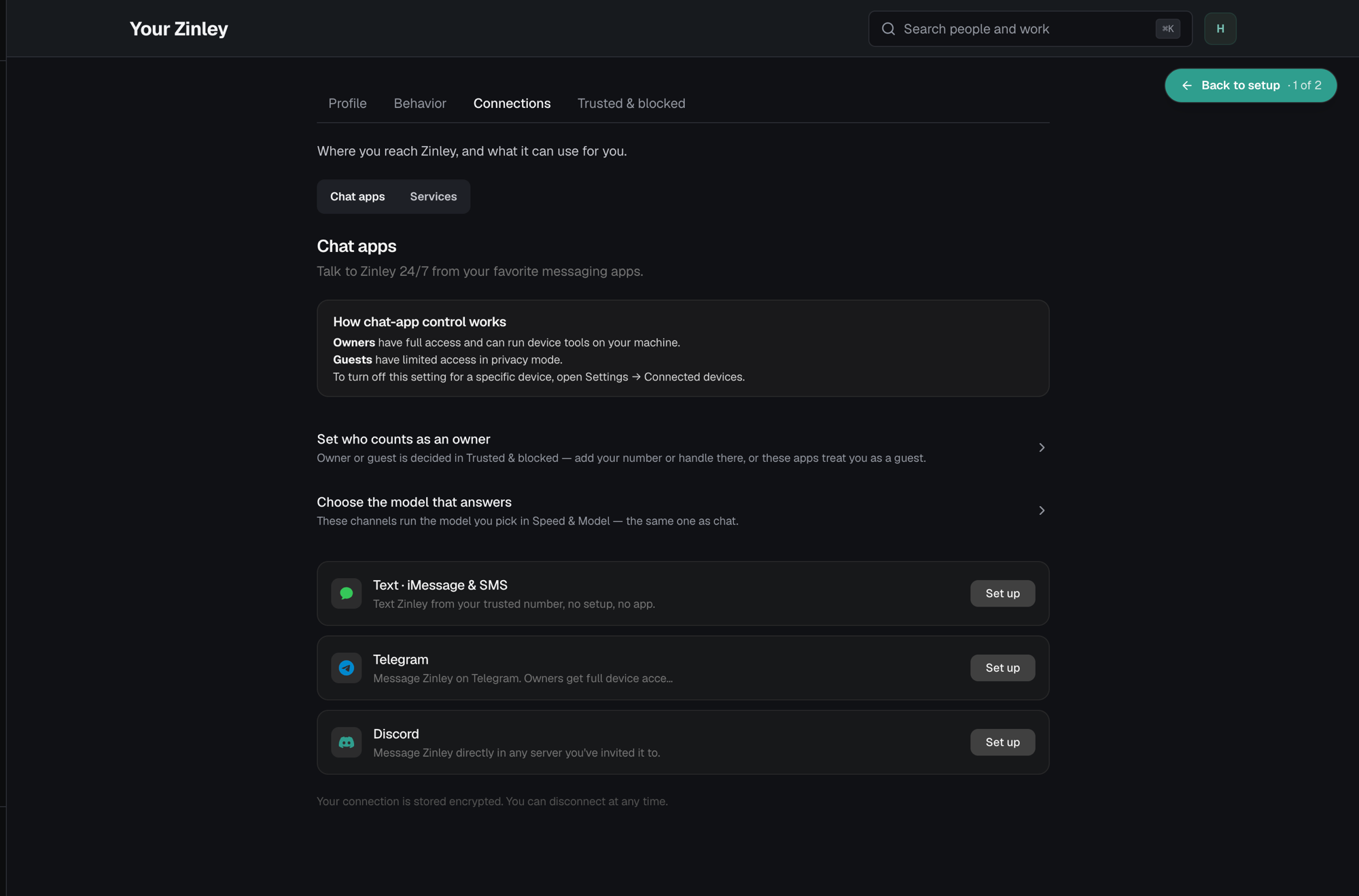 The Connections tab, Chat apps sub-tab: an explainer on owners and guests, links for who counts as an owner and which model answers, then rows for Text · iMessage & SMS, Telegram, and Discord, each with a Set up button.