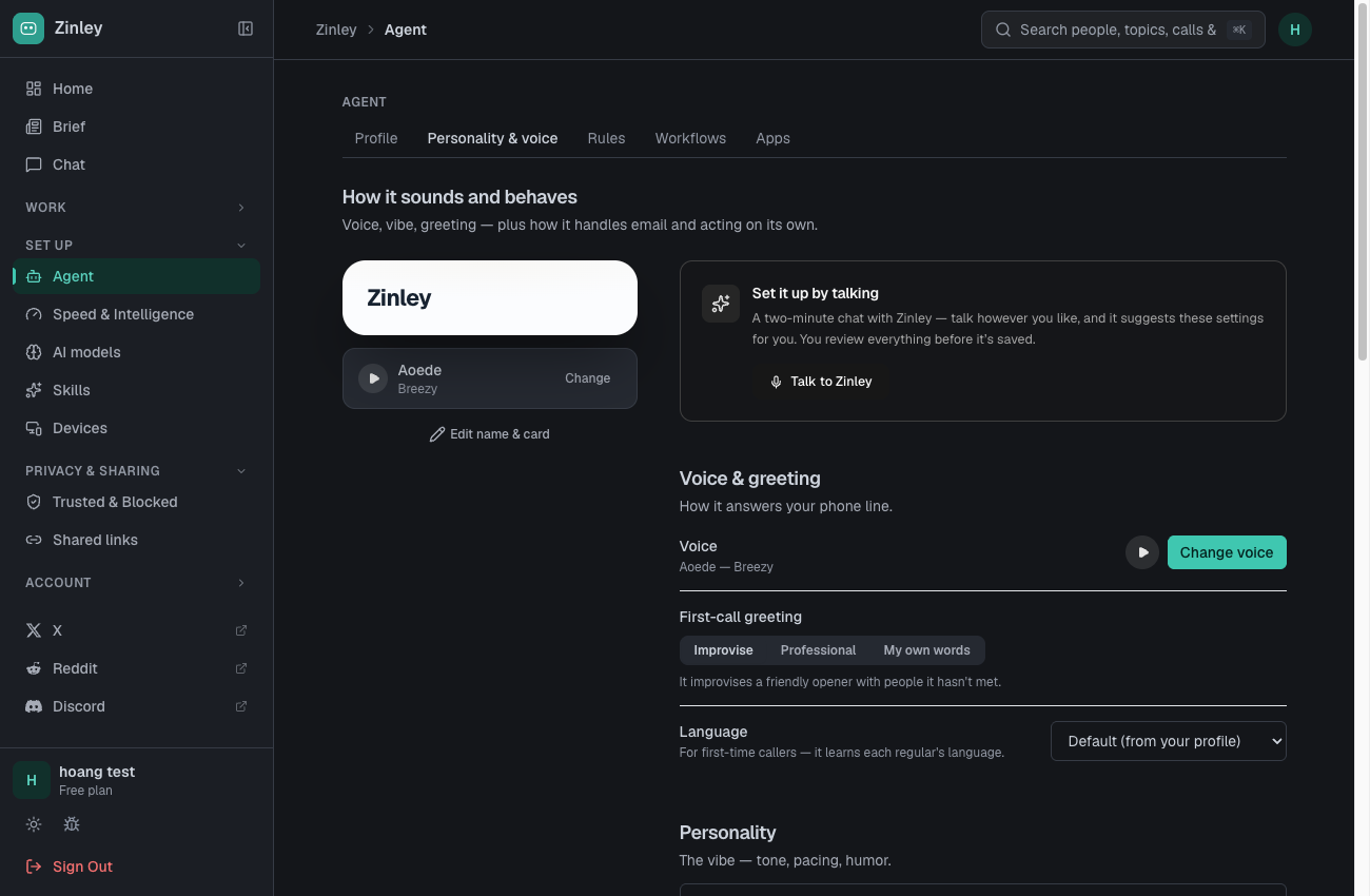 The Personality & voice tab with voice, first-call greeting, language, and personality.