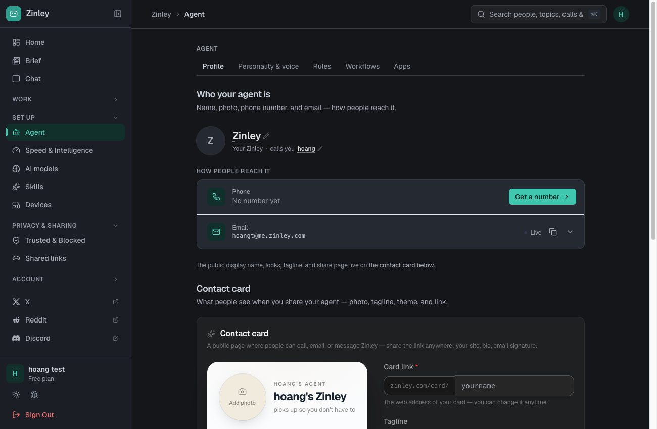 The Profile tab of Your Zinley with name, phone, email, and the contact card.