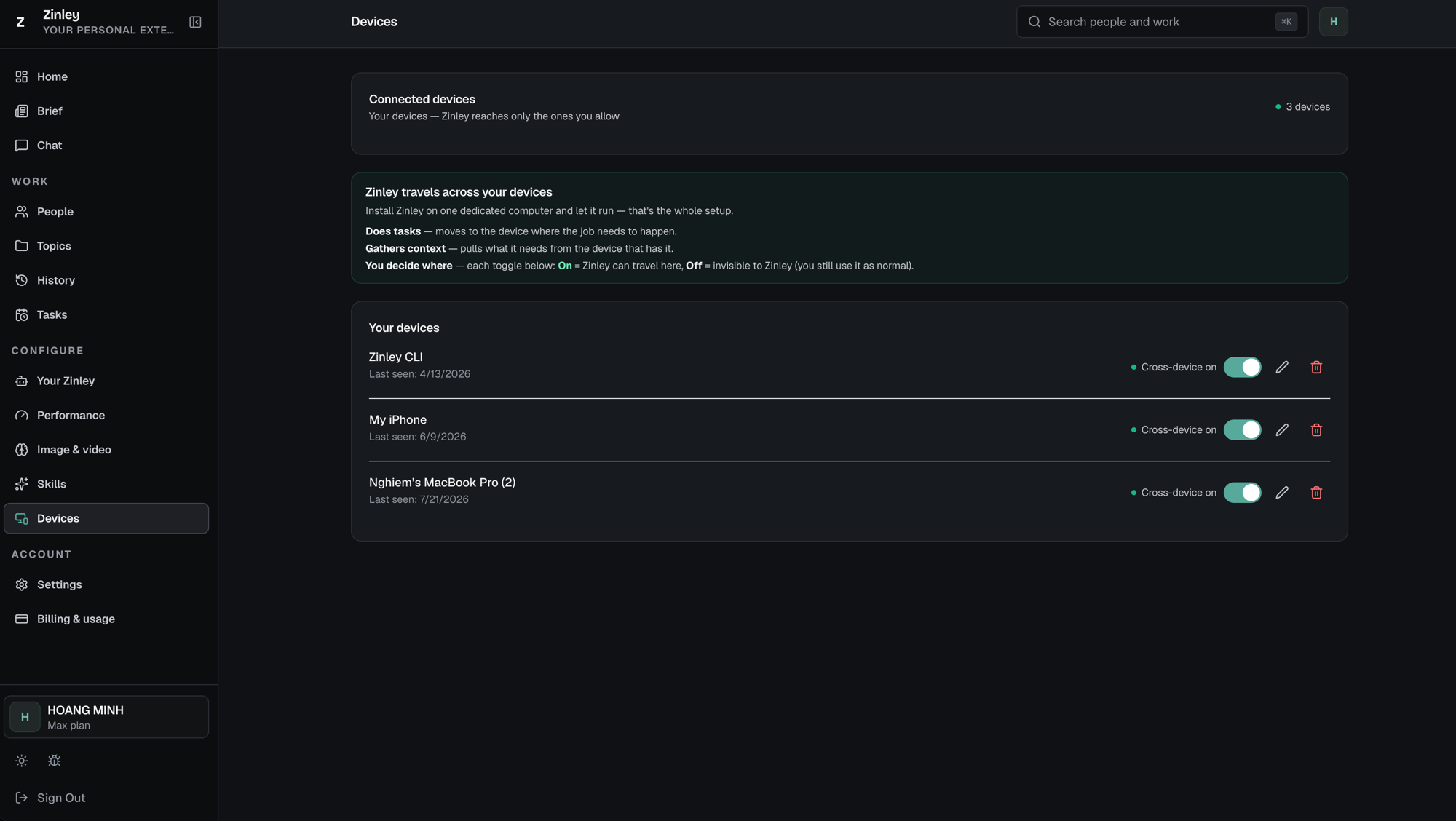 The Devices page: a connected-devices count, an explainer on cross-device travel, and a list of devices each with a last-seen date, a cross-device toggle, and edit and delete buttons.