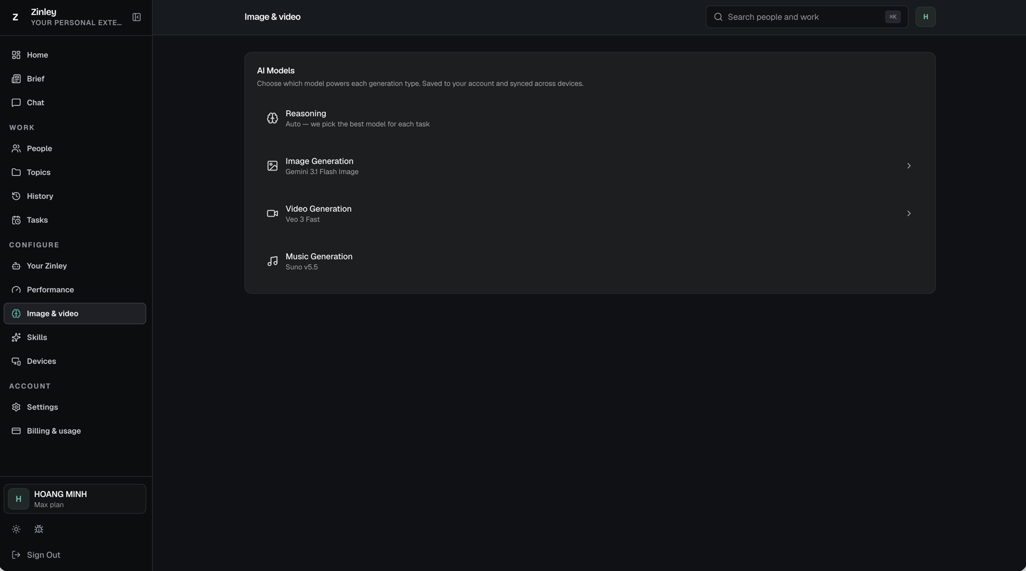 The AI Models panel listing Reasoning, Image Generation, Video Generation, and Music Generation, each with its current model.
