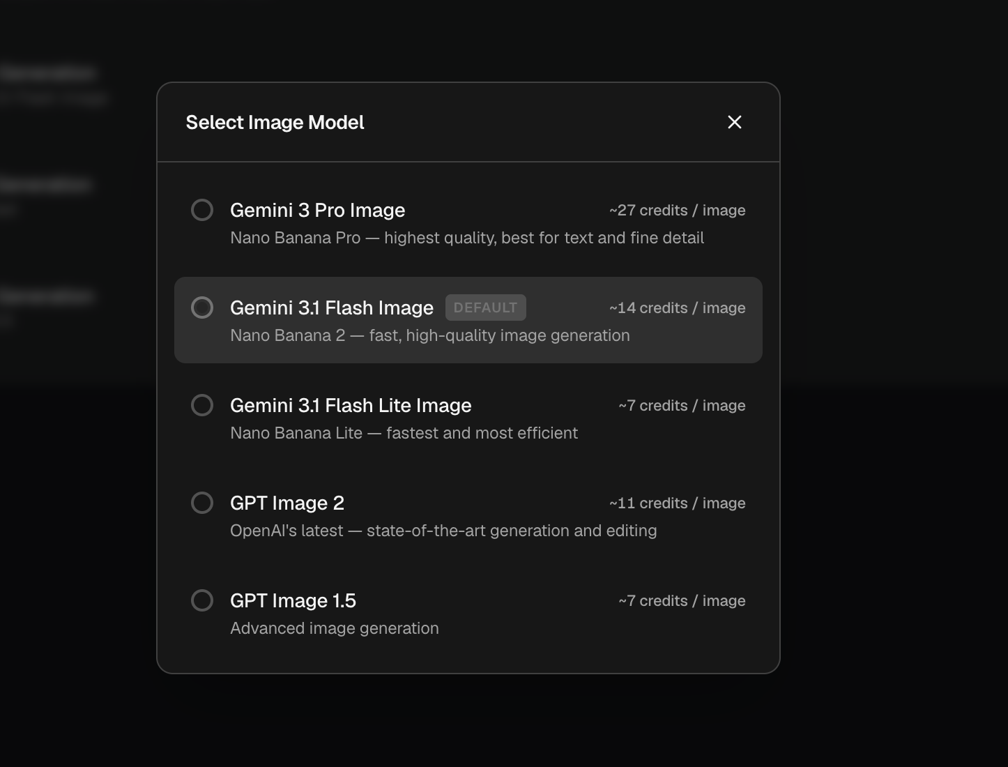 The Select Image Model dialog listing Gemini and GPT image models with credit costs, Gemini 3.1 Flash Image marked Default.