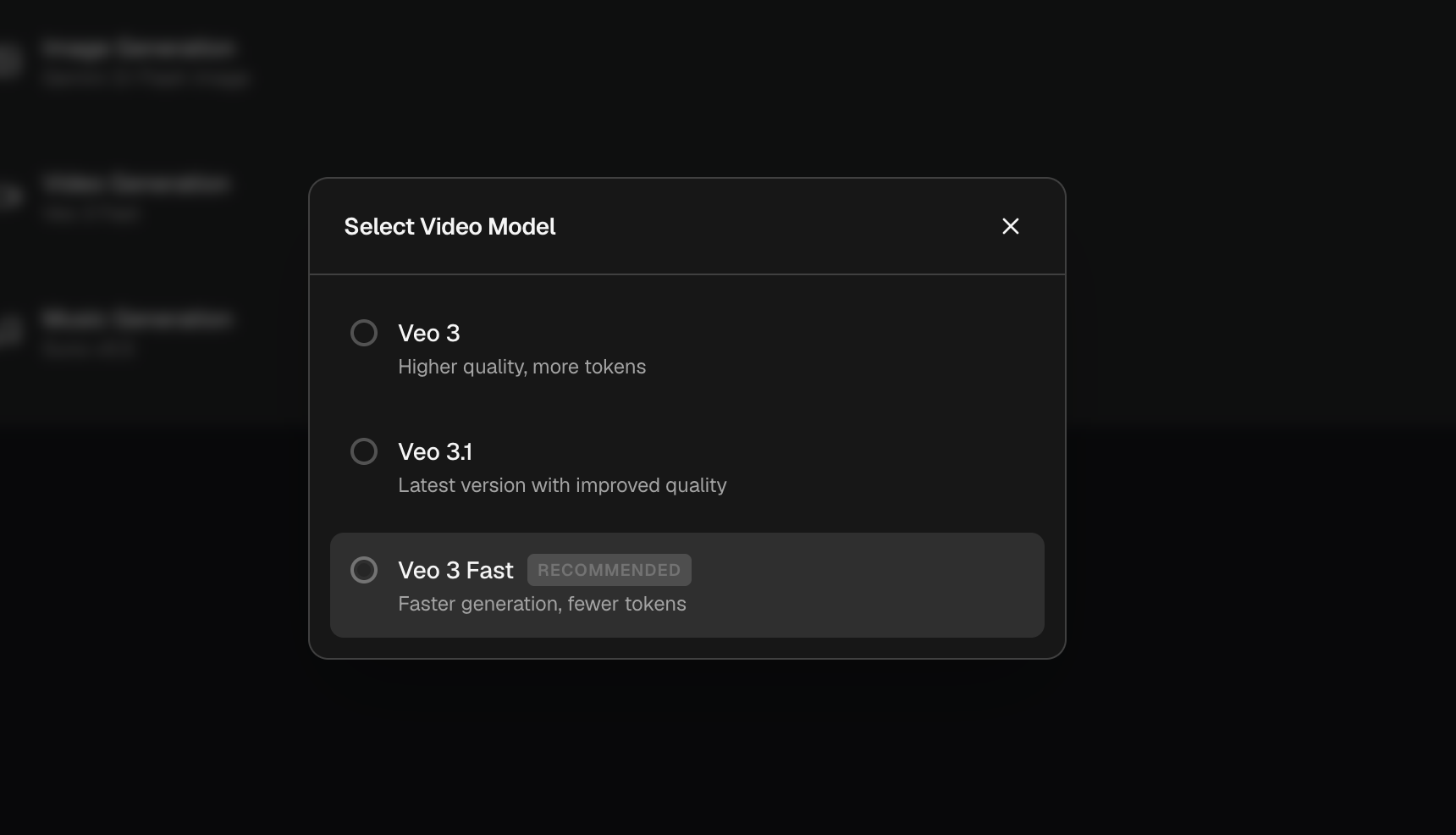 The Select Video Model dialog listing Veo 3, Veo 3.1, and Veo 3 Fast, with Veo 3 Fast marked Recommended.
