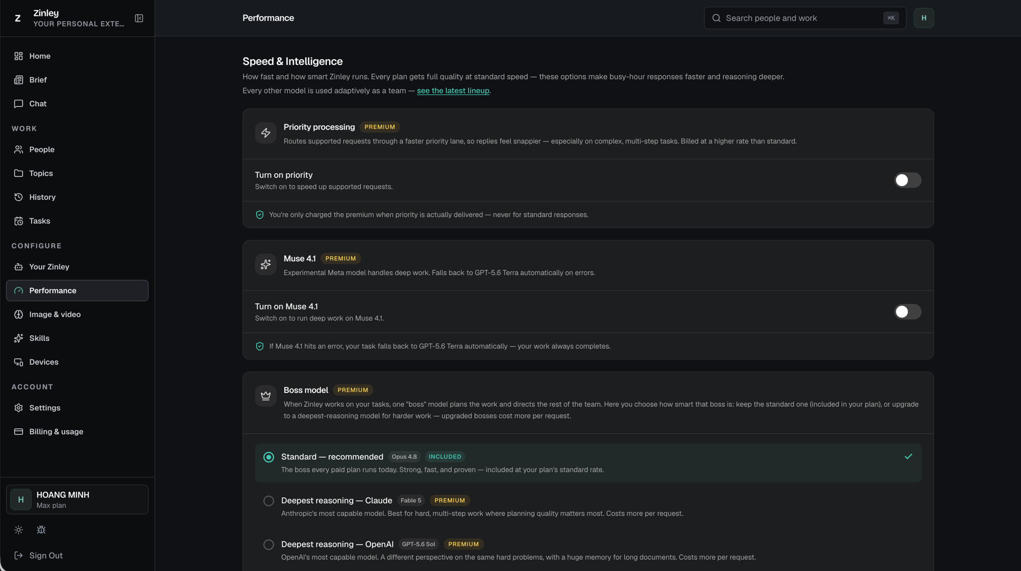 The Performance page: Priority processing, Muse 4.1, and the Boss model chooser with Standard, Claude, and OpenAI options.