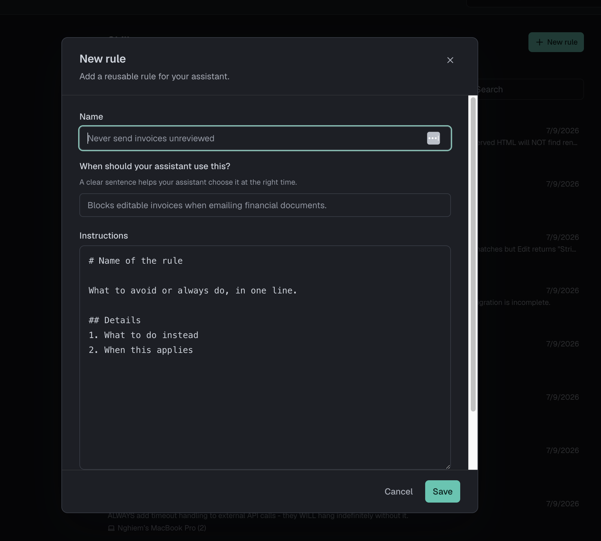 The New rule dialog with Name, a When should your assistant use this field, and an Instructions box pre-filled with a rule template.