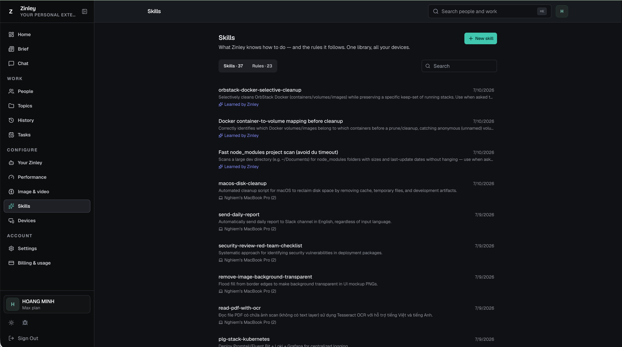 The Skills page: a list of skills, each with a name, description, date, and a source tag reading either Learned by Zinley or a device name.