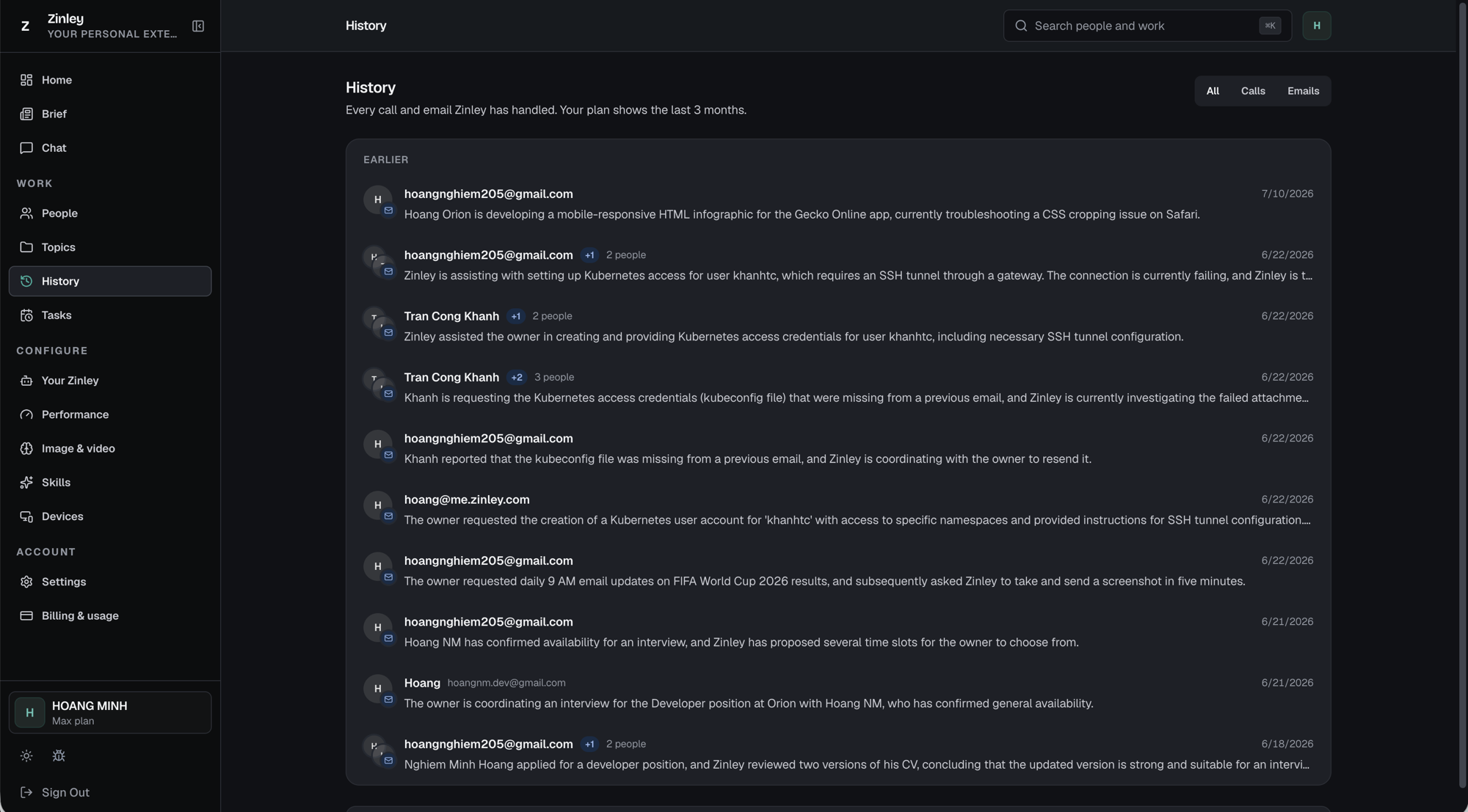The History page: a time-grouped list of calls and emails, each with participants, a summary, and a date.