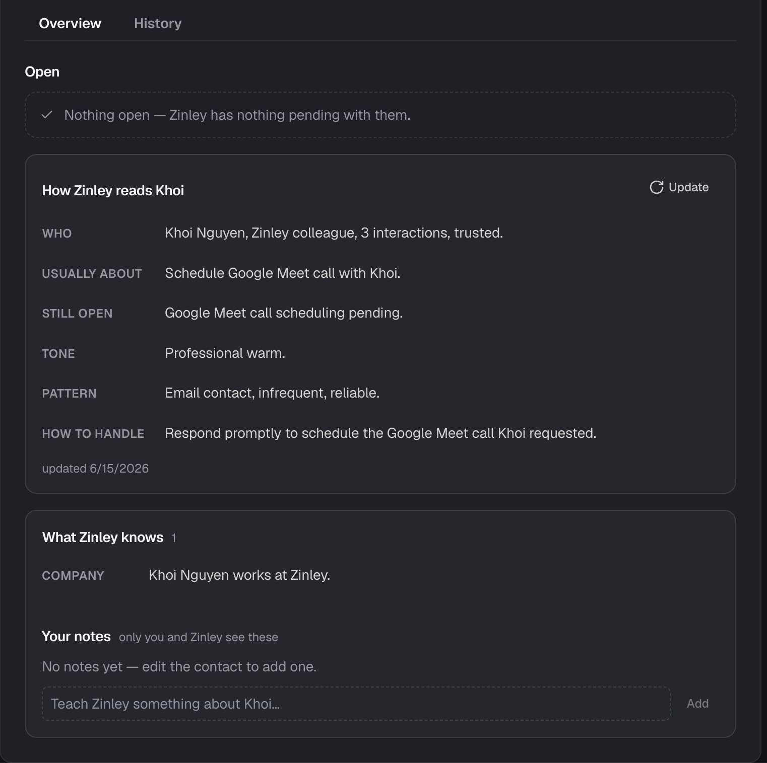The Overview tab: Open items, How Zinley reads the person, What Zinley knows, and Your notes.