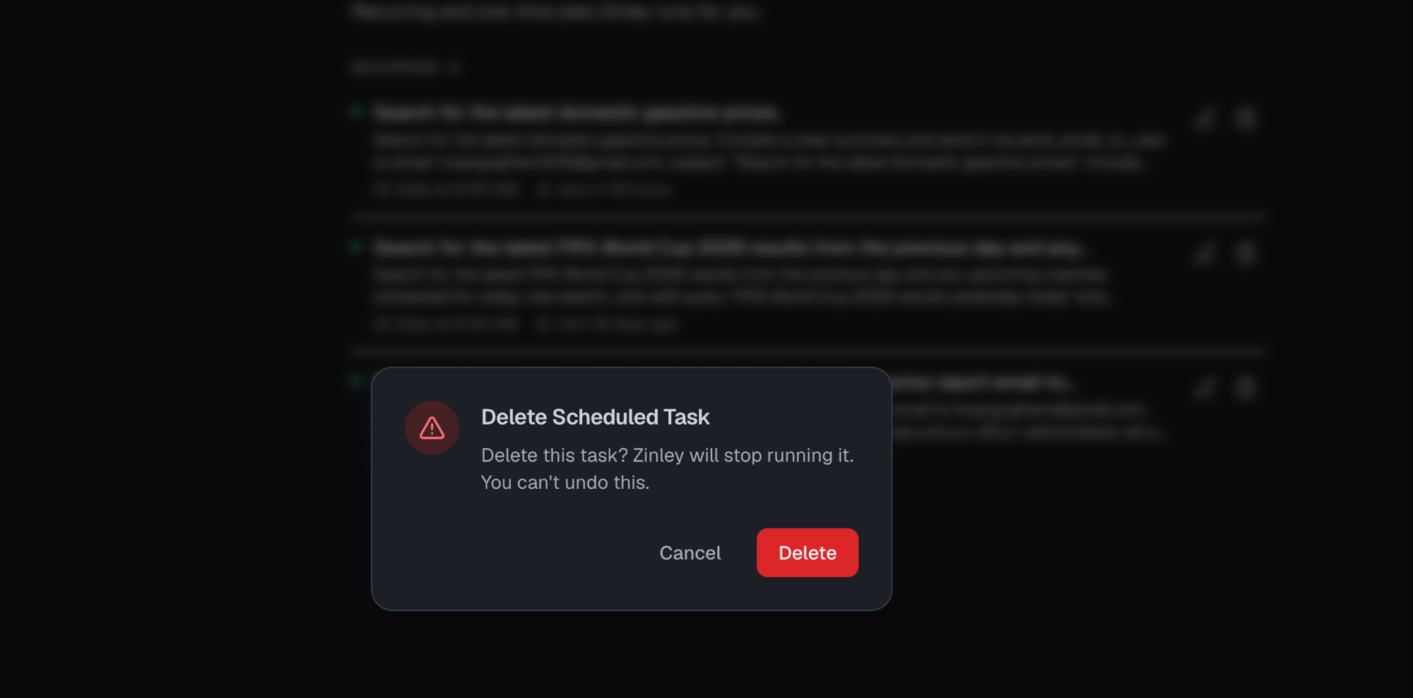 The Delete Scheduled Task confirmation dialog with Cancel and Delete.