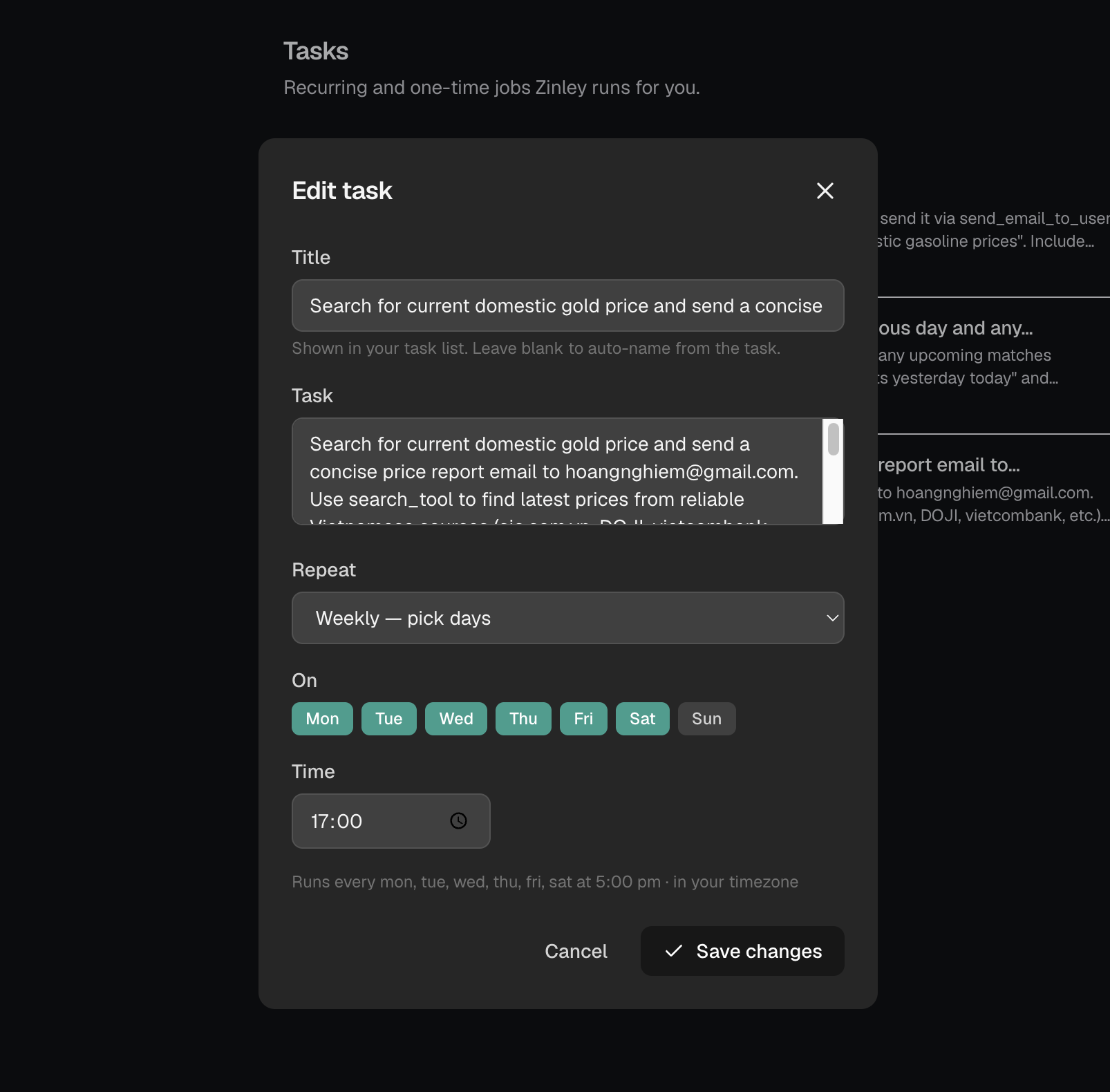 The Edit task dialog with Title, Task, Repeat, On (day picker), and Time fields.