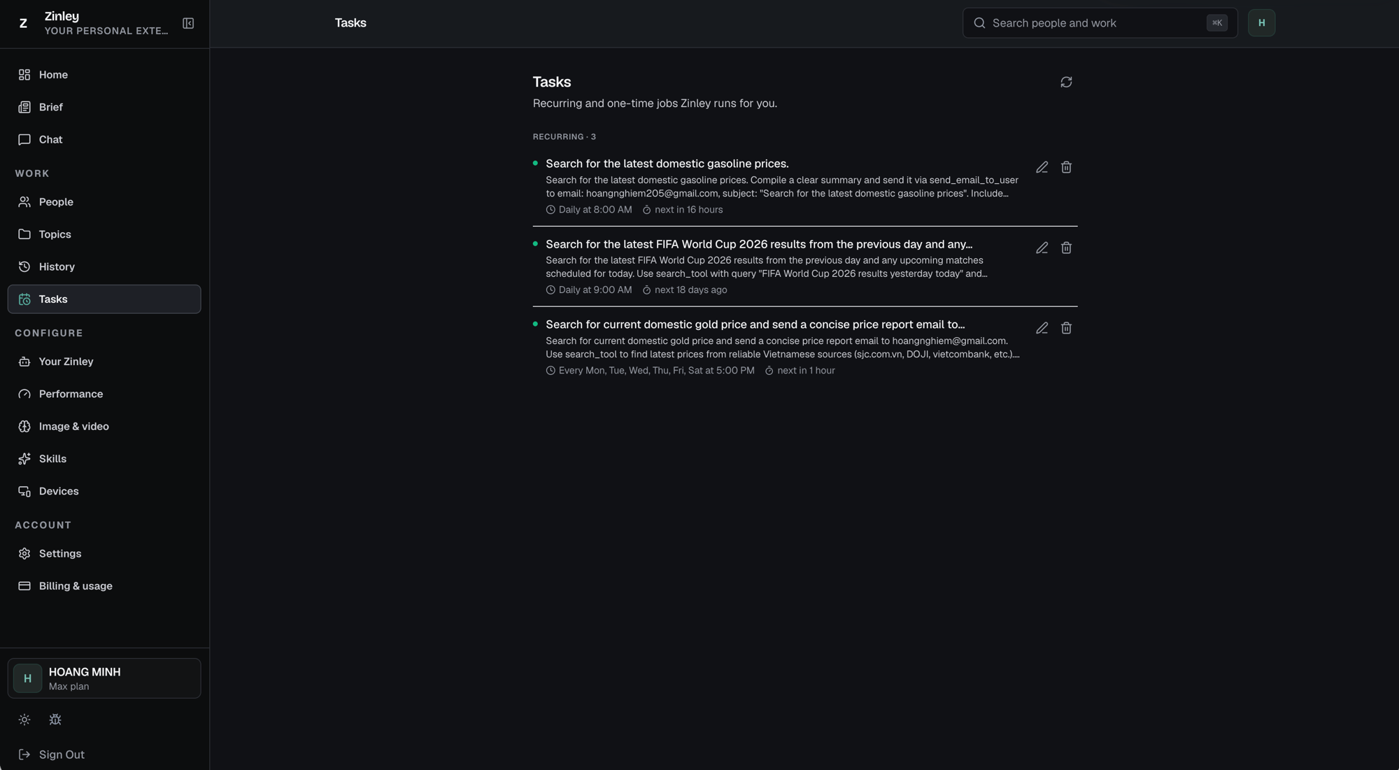 The Tasks page listing recurring jobs, each with a schedule, next-run time, and edit/delete buttons.