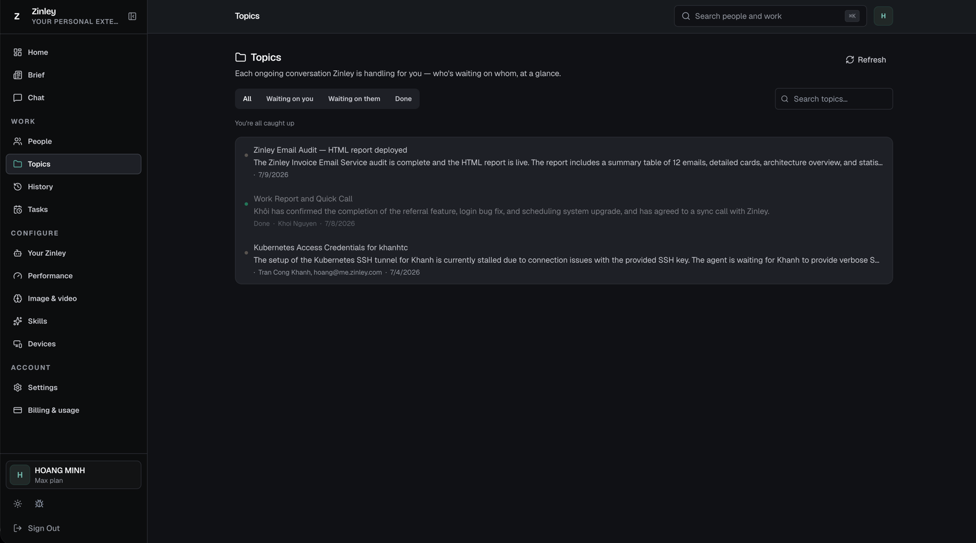 The Topics page with All / Waiting on you / Waiting on them / Done tabs and a list of topic cards.